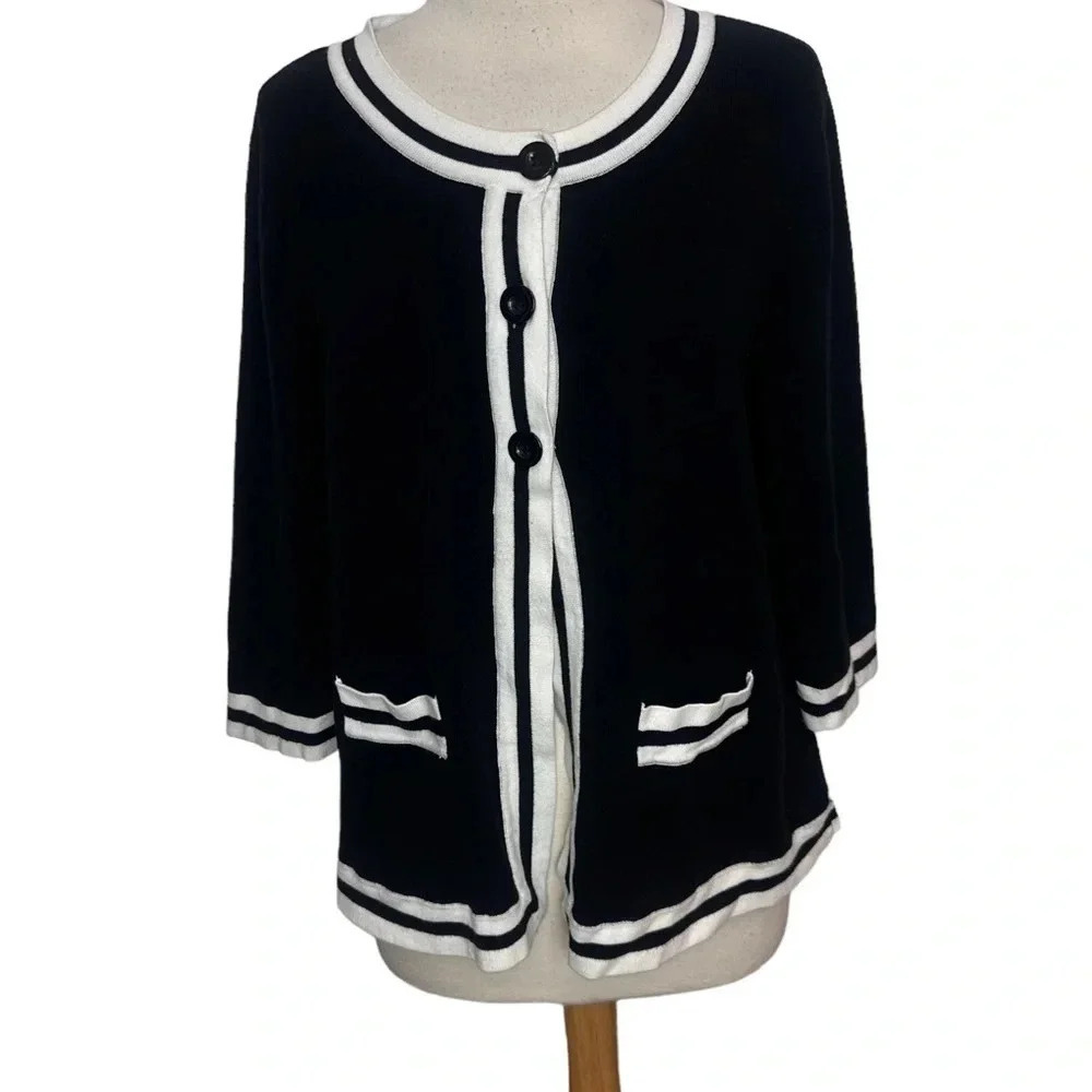 Mercer Street Studio Cardigan L Black White Striped Trim 3/4 Sleeve Cotton Blend
